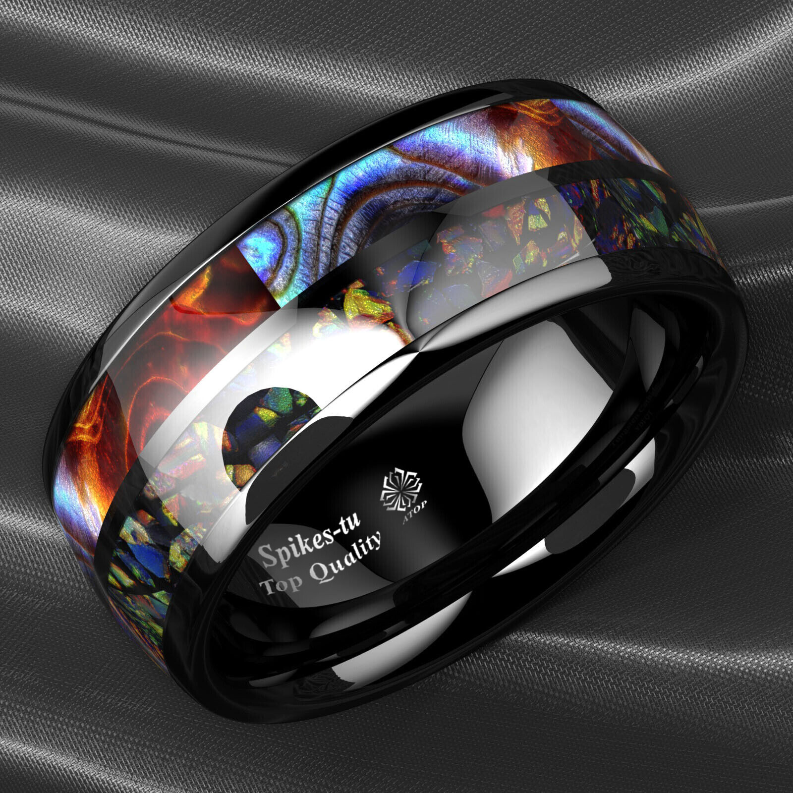 8/6mm Black Tungsten Ring Hawaiian Opal and Abalone Inlay Men ATOP Wedding Band