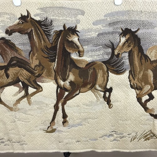 Mustang Horses Running Wall Tapestry Woven Beige Prairie Wild Needlework