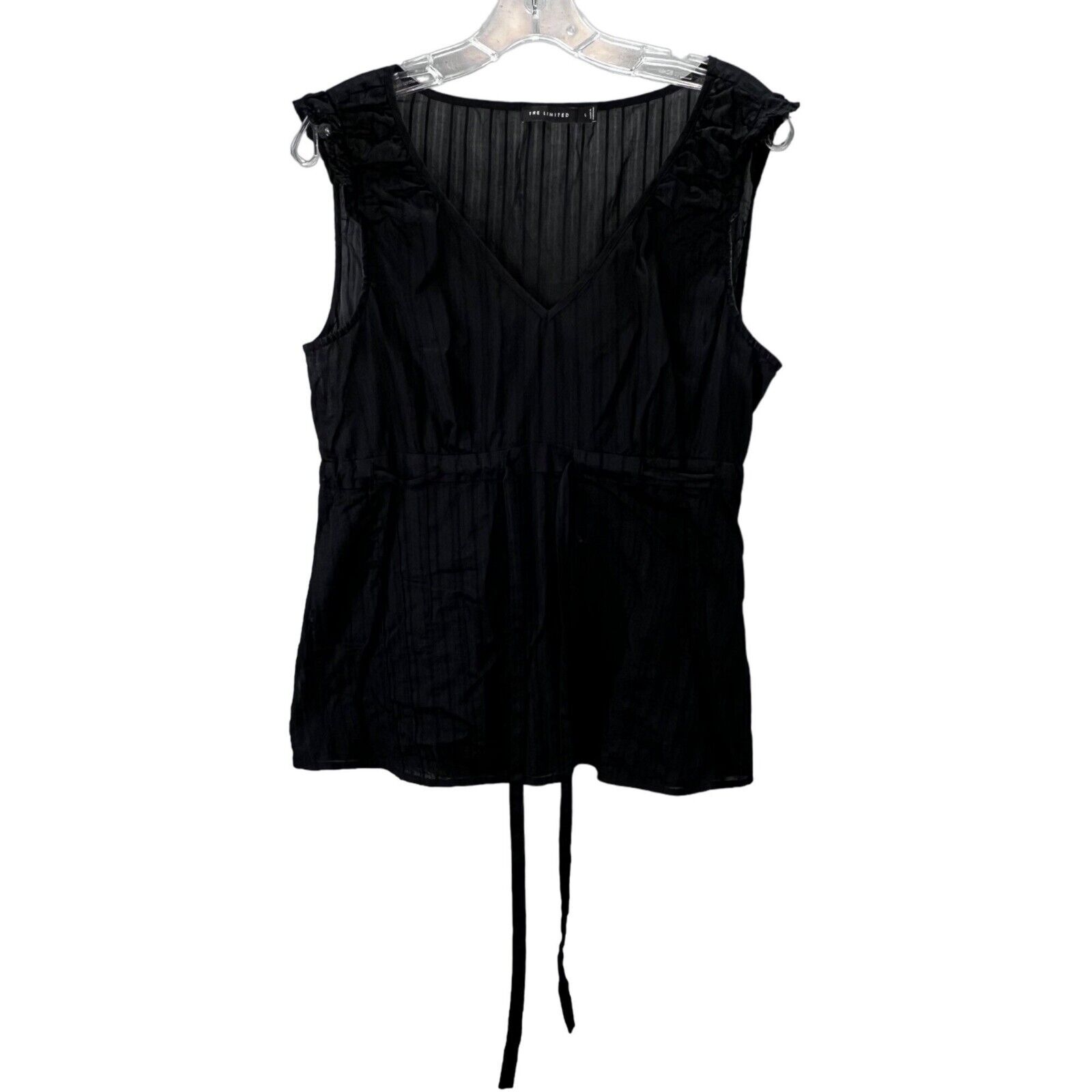 The Limited Blouse Top L Black Semi Sheer Ruffles Drawstring