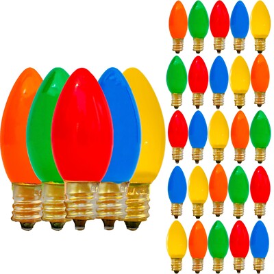 C-7 MULTI-COLOR CERAMIC STEADY BULBS NEW 1 BOX OF 25 C7 SOLID CHRISTMAS LIGHTS