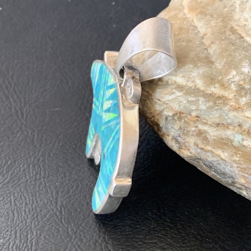 Pre-owned Handmade Mens Blue Turquoise & Opal Bear Navajo Sterling Silver Inlay Pendant 12602