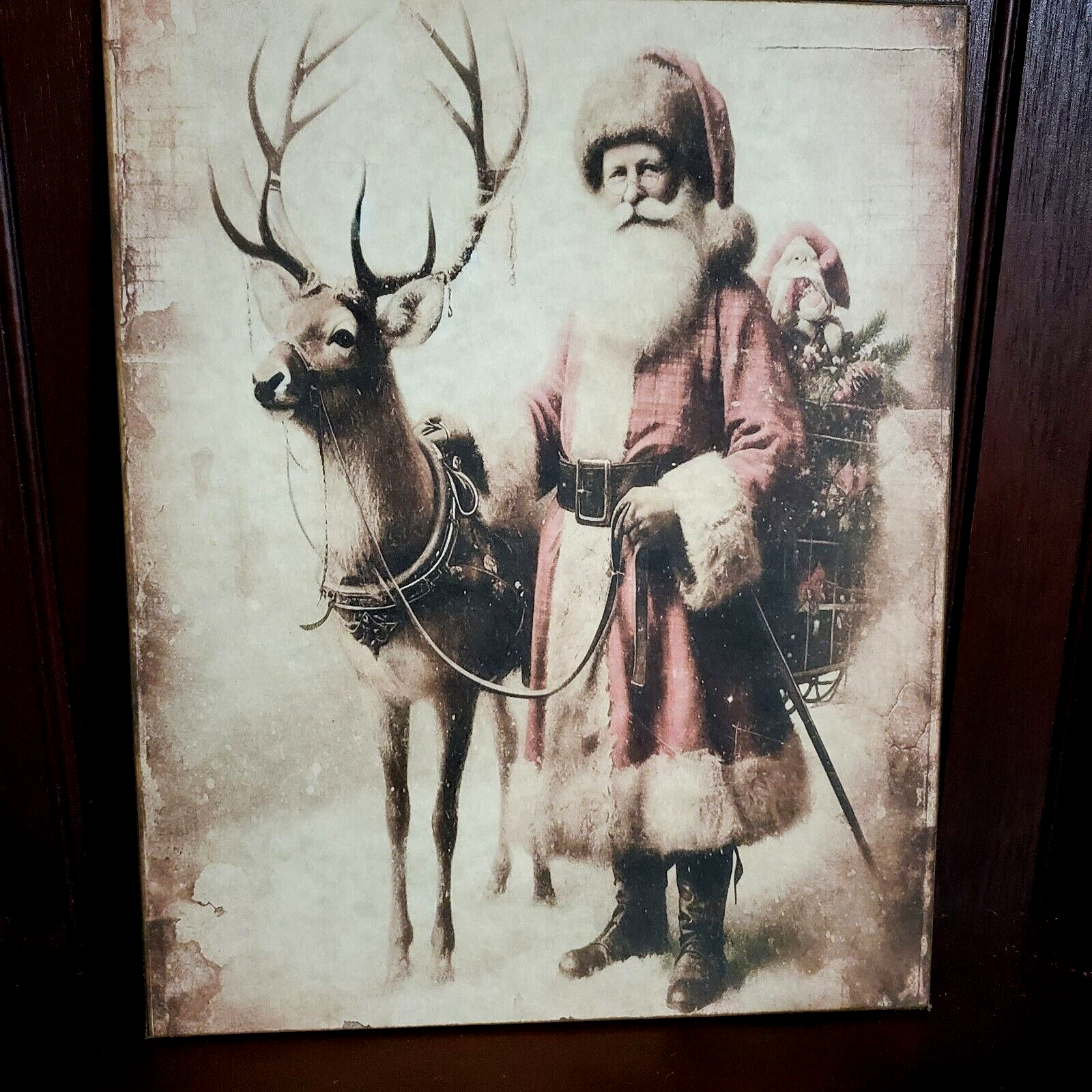STUNNING SHABBY VINTAGE PRIMITIVE VICTORIAN FOLK STYLE CHRISTMAS SANTA DEER SIGN