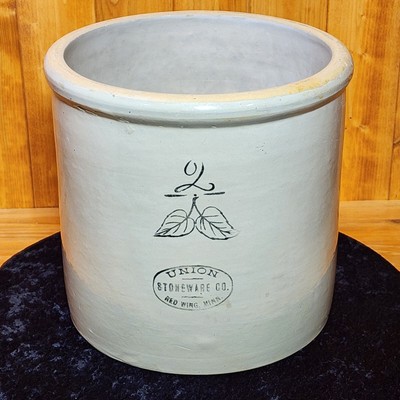 Red Wing Union Stoneware #2 Bottom Signed Birch Leaf Crock   Circa 1896 - 1906