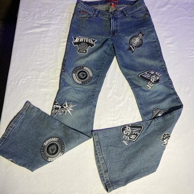 Le More Blue Jeans Sz 5 Denim Womens 90s Y2K NBA Patches All Black Gray White