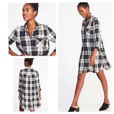 Old Navy black and white Buffalo plaid flannel shirt dress size XS