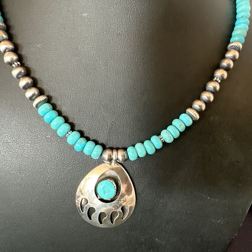 Pre-owned Handmade Mens Blue Turquoise Bearpaw Pendant Navajo Pearls Sterling Silver Necklace 17880