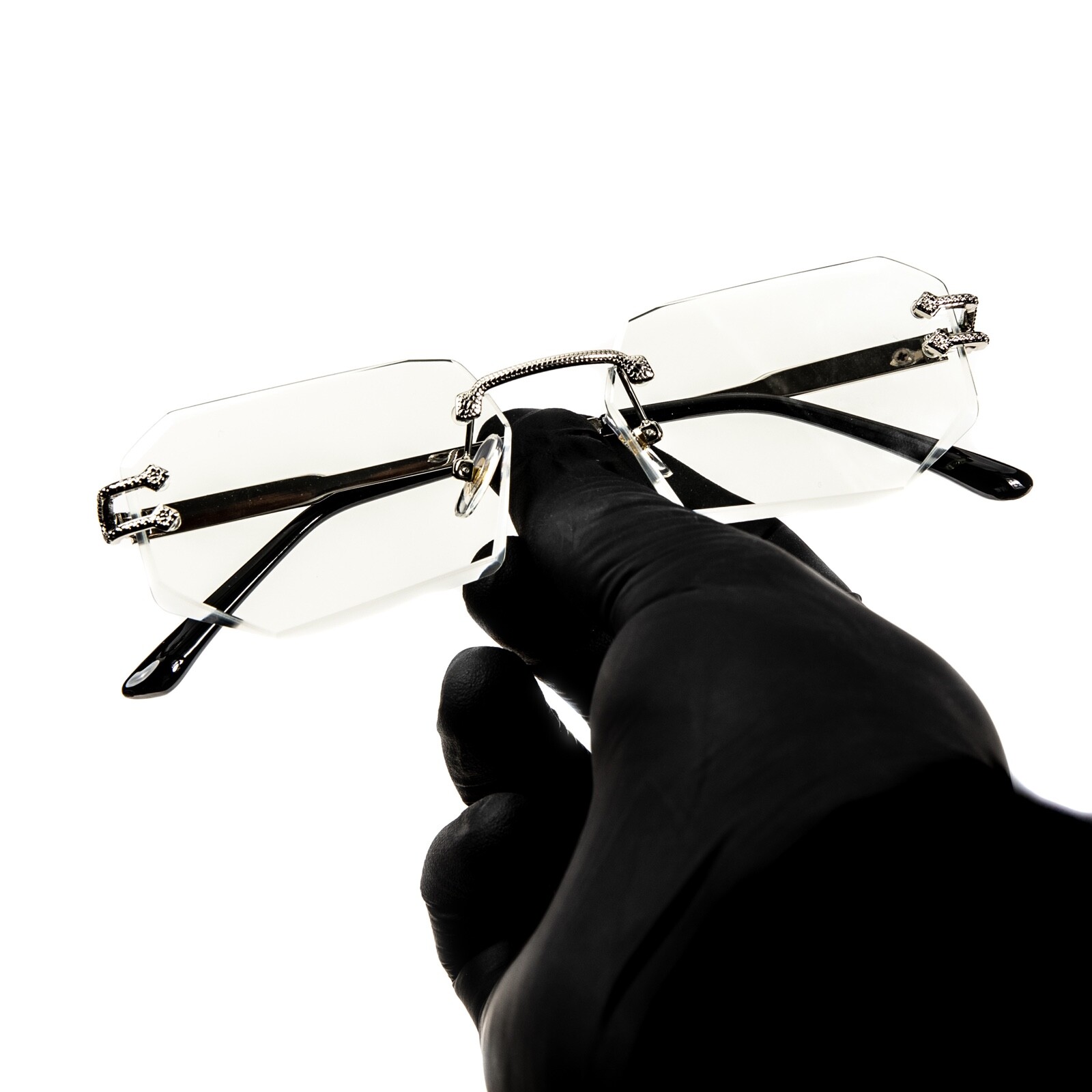 Men's Gem Cut Silver Frame Clear Lens Rectangular Luxury Rimless Hip Hop Glasses