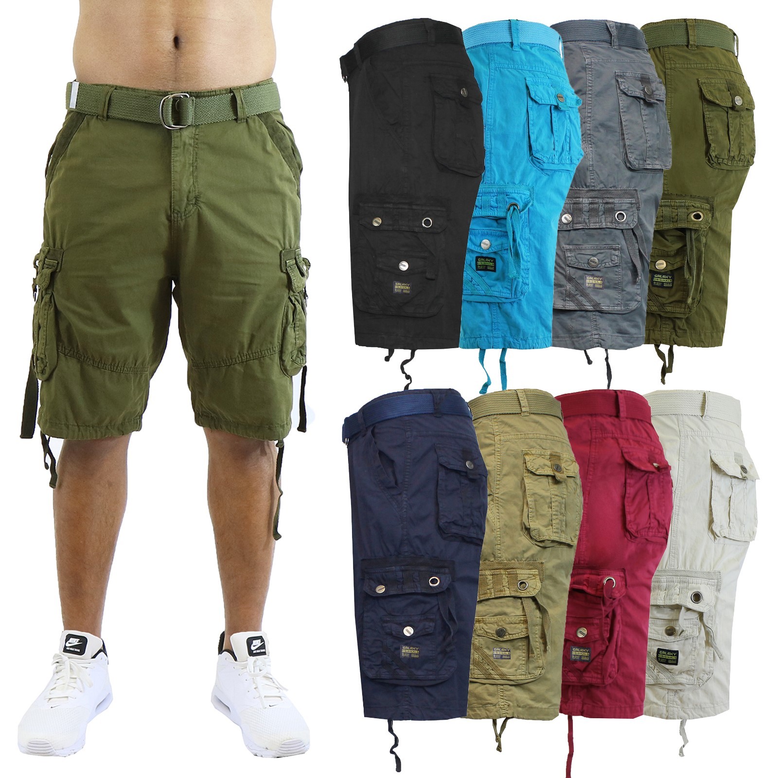 Mens Cargo Shorts Belted Flat Front Pockets Washed Lounge - 30 32 34 36 38  40 42 | eBay
