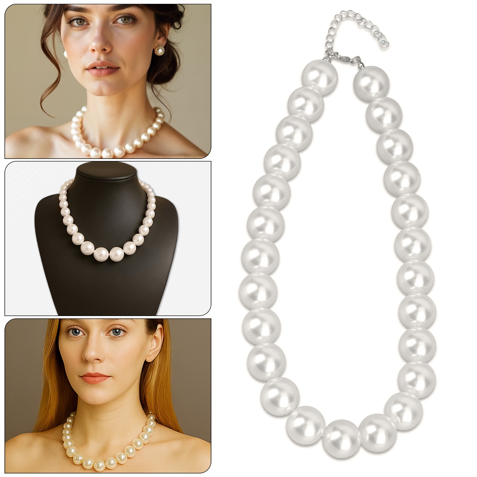 Vintage Faux Pearl Necklace 18mm Beads White Pearls Jewellery 45cm Women Gift