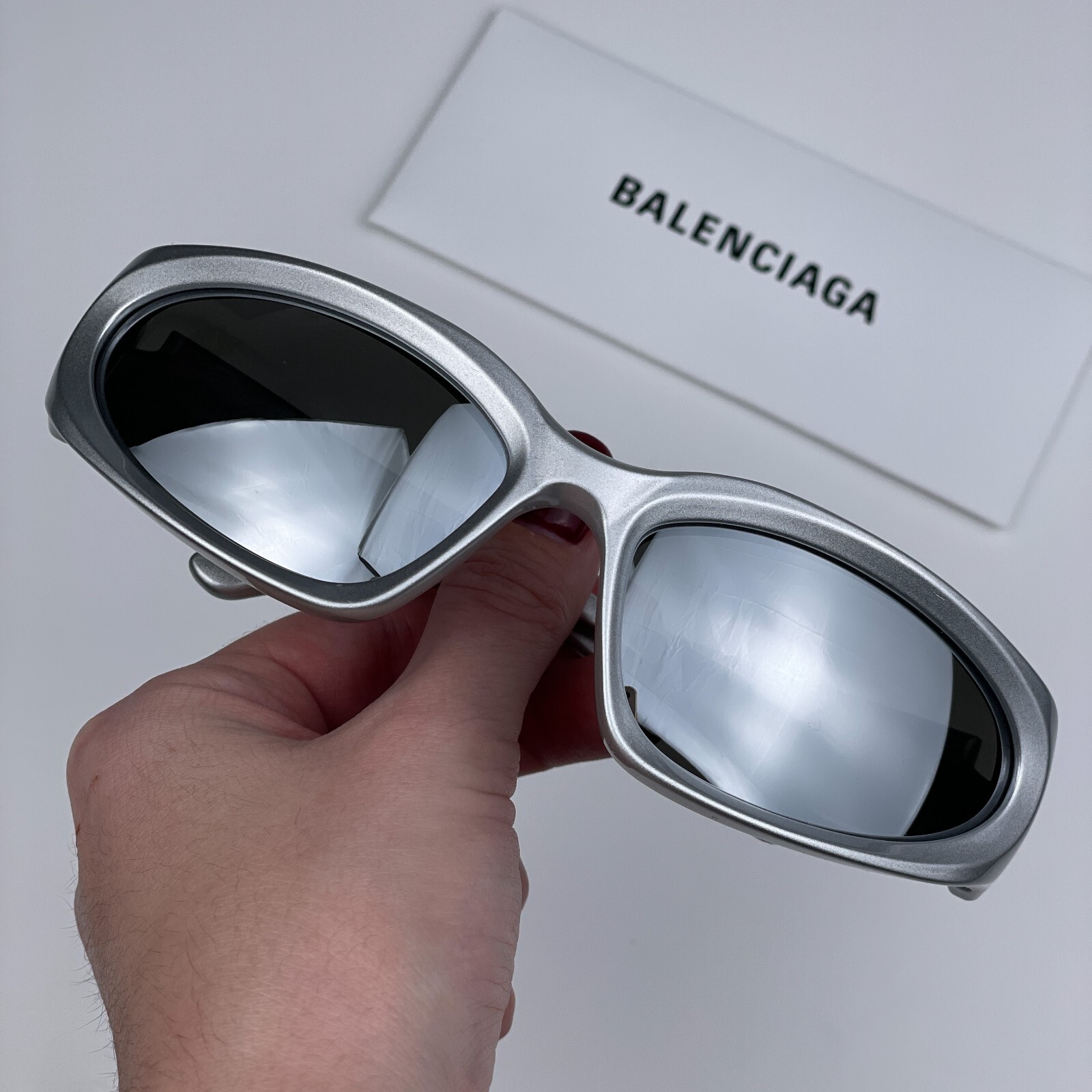 Pre-owned Balenciaga Bb0157s 004 Silver Grey Silver Wraparound Unisex Sunglasses