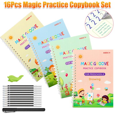 16Pcs Magic Practice Copybook Set Reusable English Number Calligraphy Book Kids