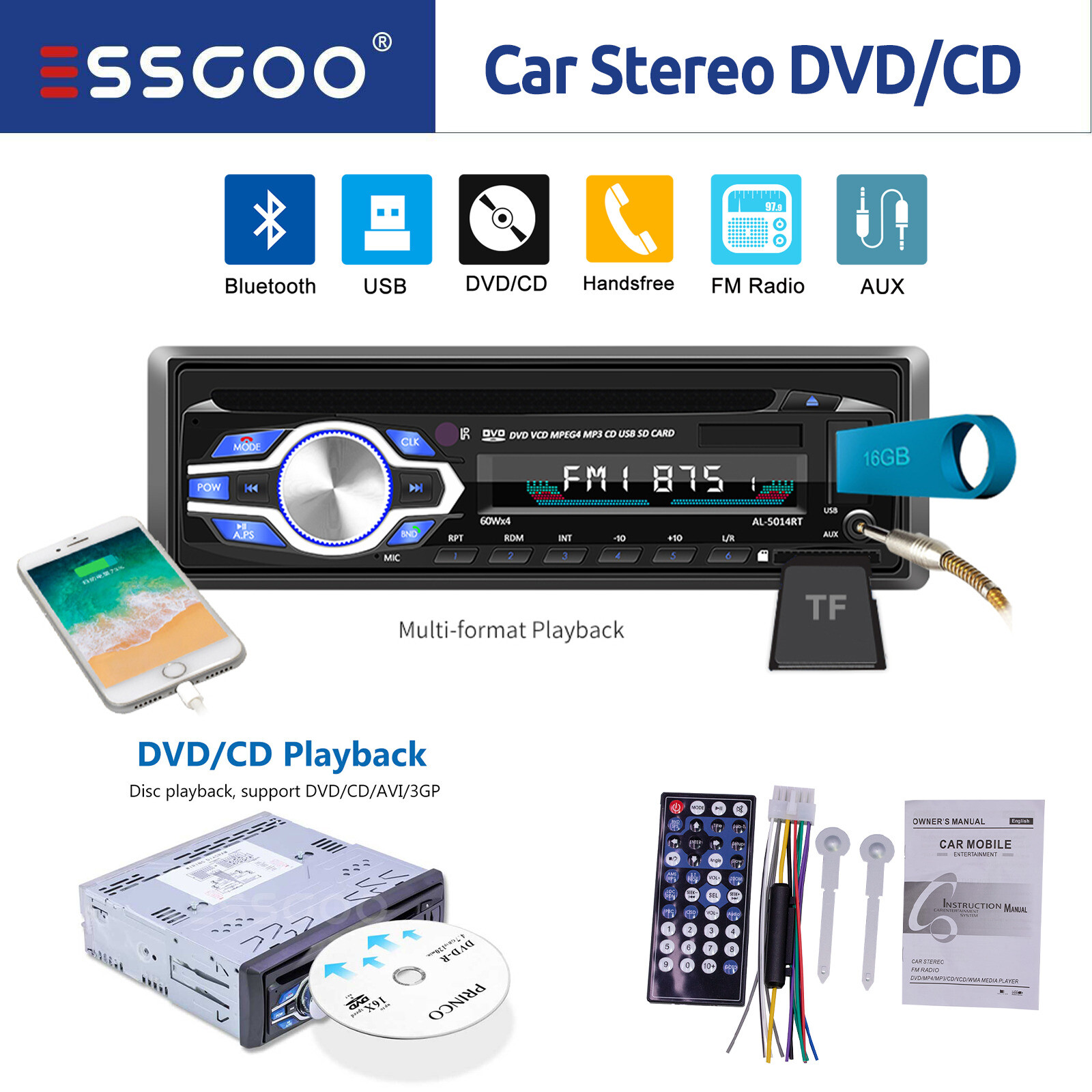 Single DIN Car Stereo CD/DVD Radio Bluetooth USB/TF/FM/AUX MP3 Head Unit Player