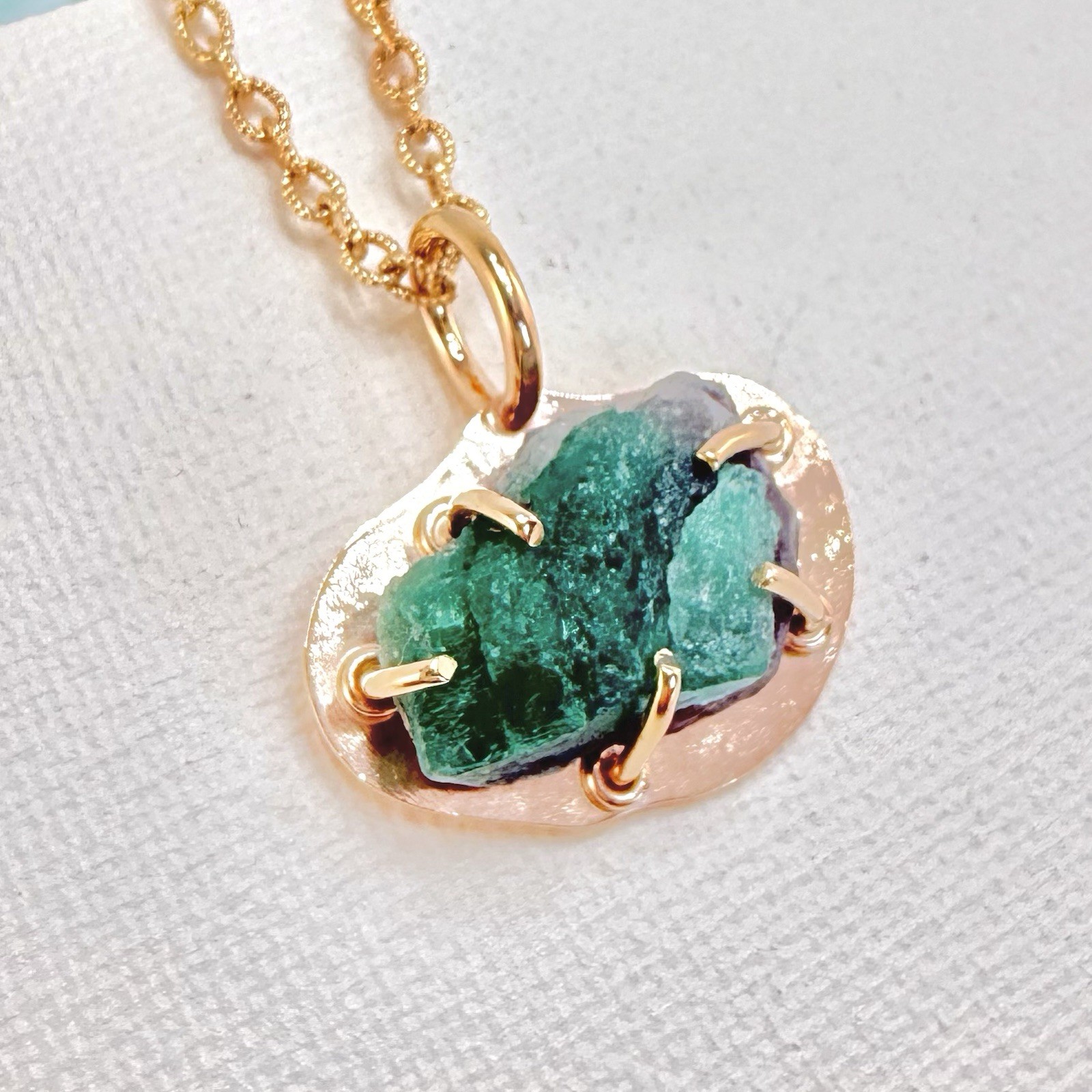 14k Yellow Gold Genuine Emerald Rough Freeform Modernist Pendant, New, Unisex - Picture 3 of 11