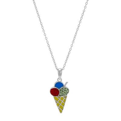 Finecraft Ice Cream Cone Pendant with Crystals in Sterling Silver, 18''