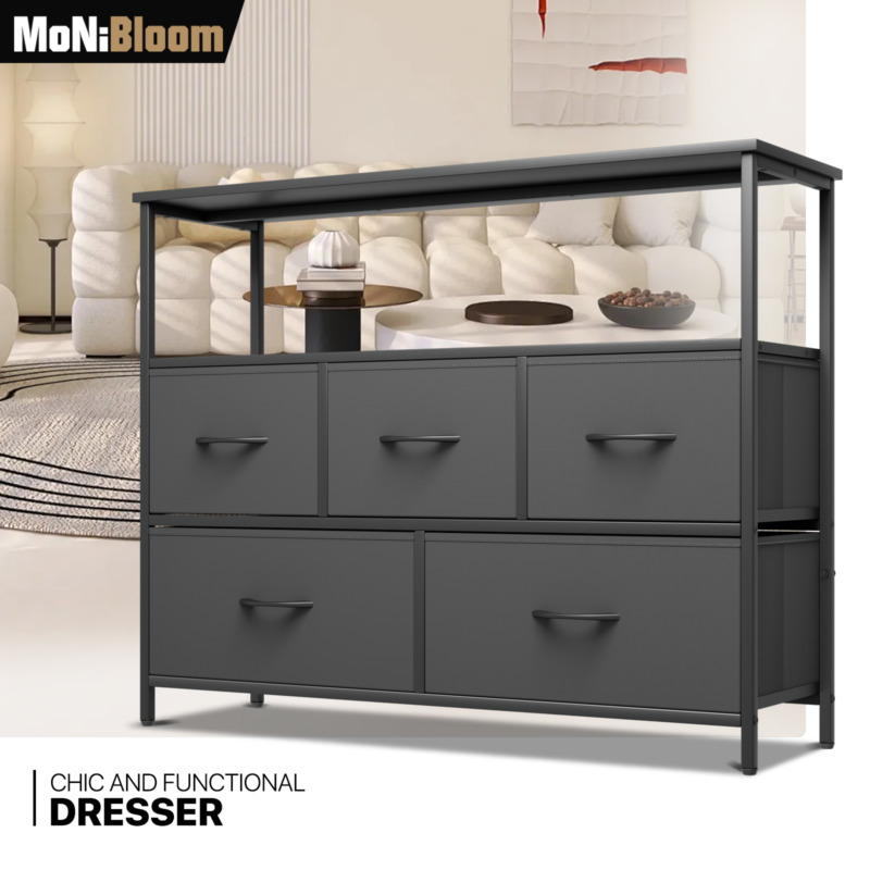 5 Black Drawers Dressers Fabric Chest of Drawers Storage Bedroom