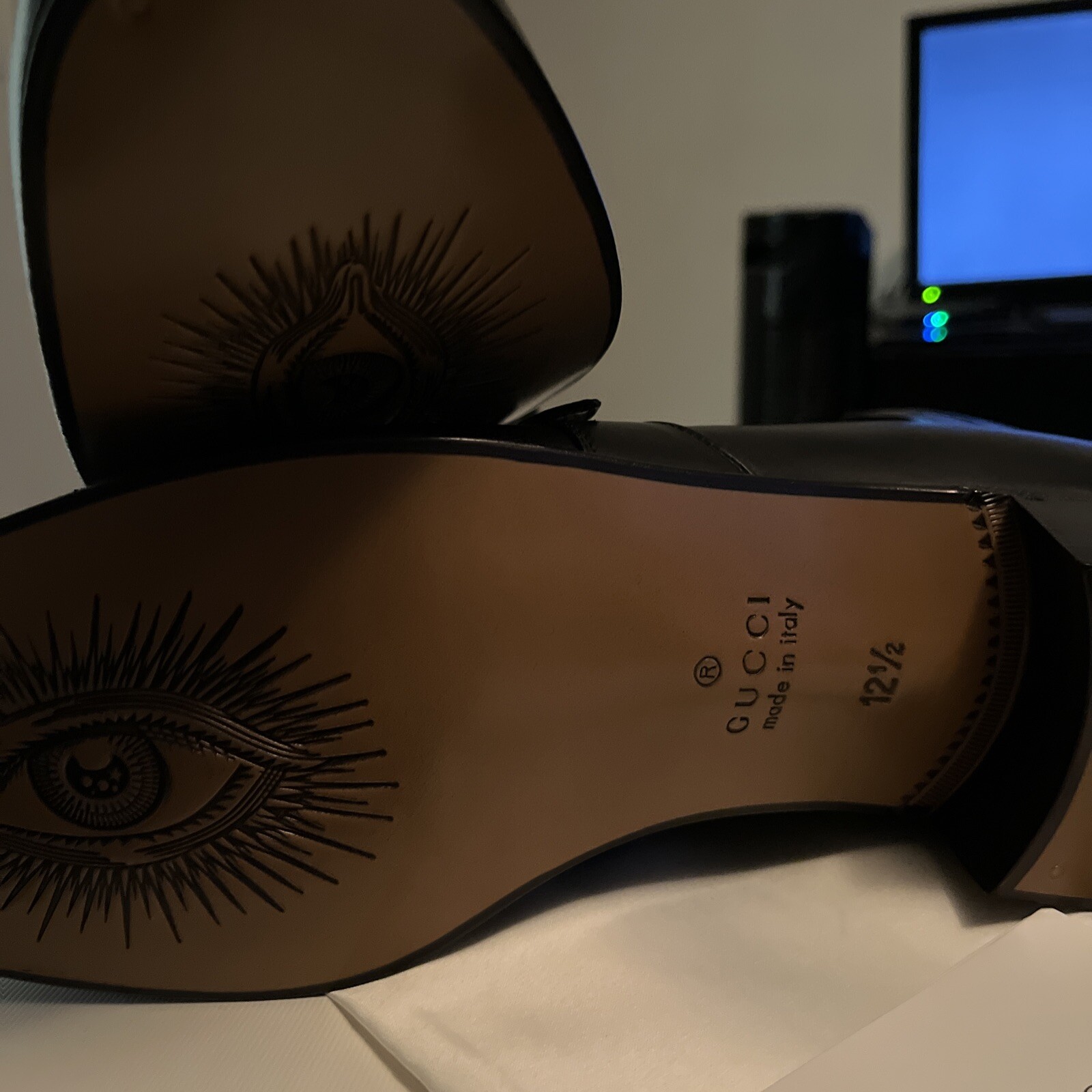 Pre-owned Gucci Mens 563268 Black Leather Logo Printed Ankle Boots Gold Buckle Us 13.5