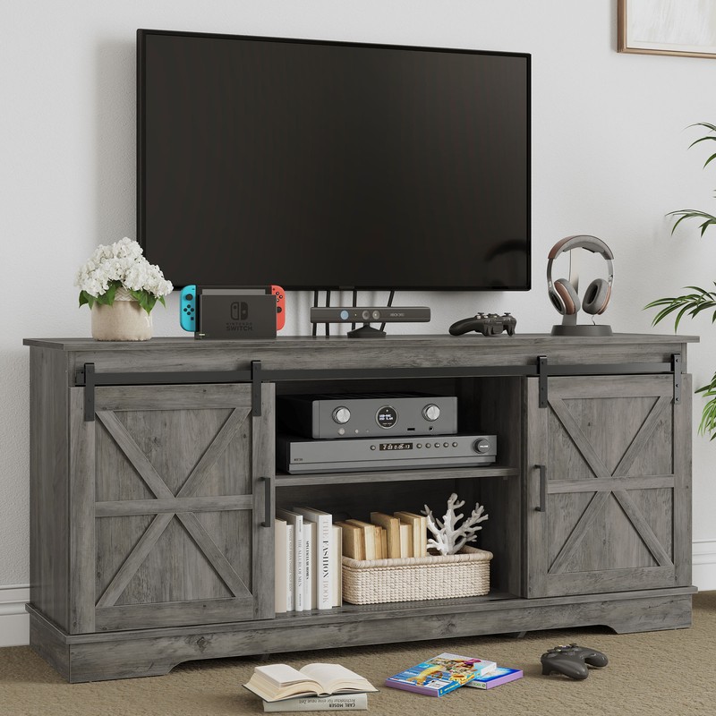 Farmhouse Sliding Barn Door Console For Up To 65 Inch Tvs