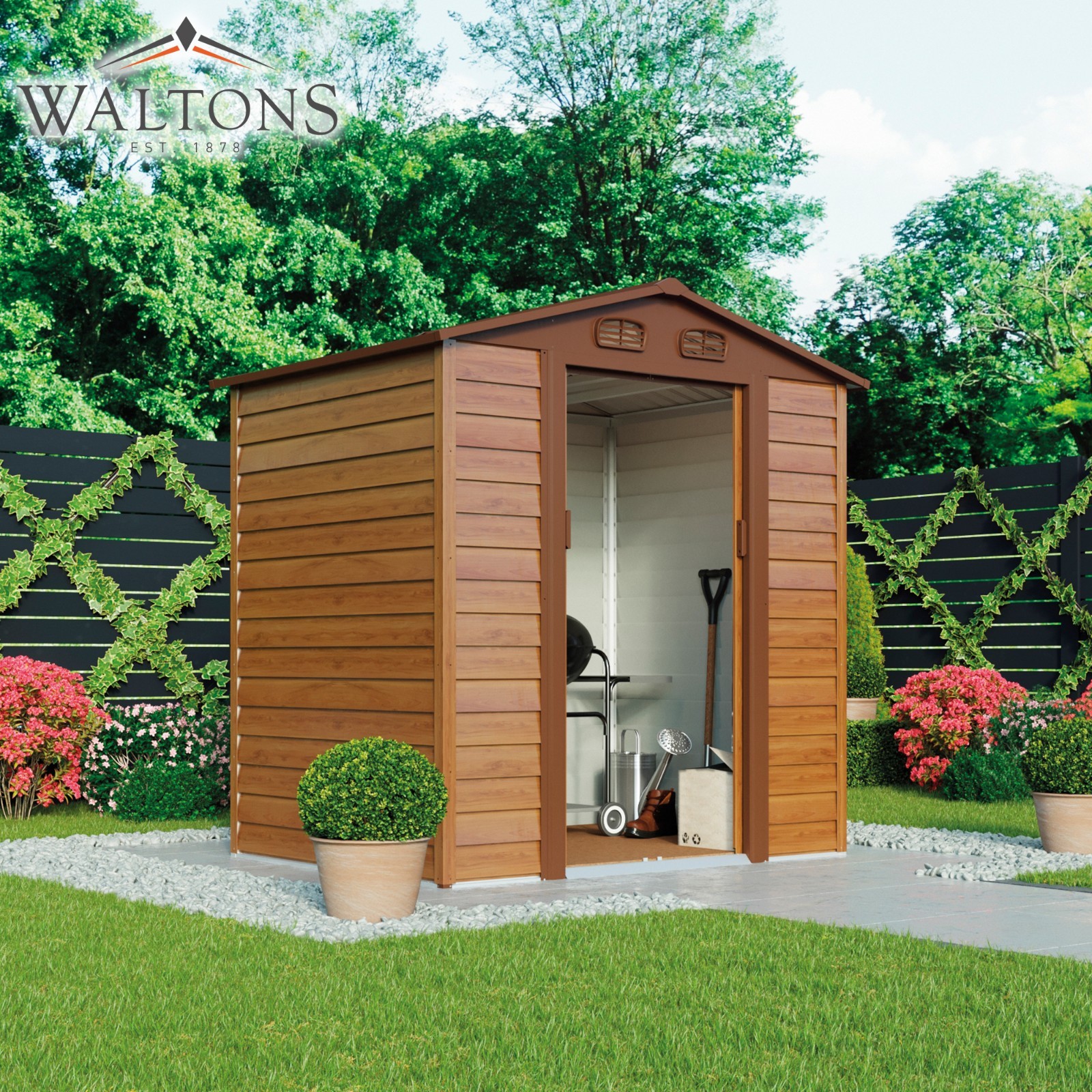 Waltons Apex Metal Shed 5x6-8x8ft Wood-Effect Garden Storage Foundation