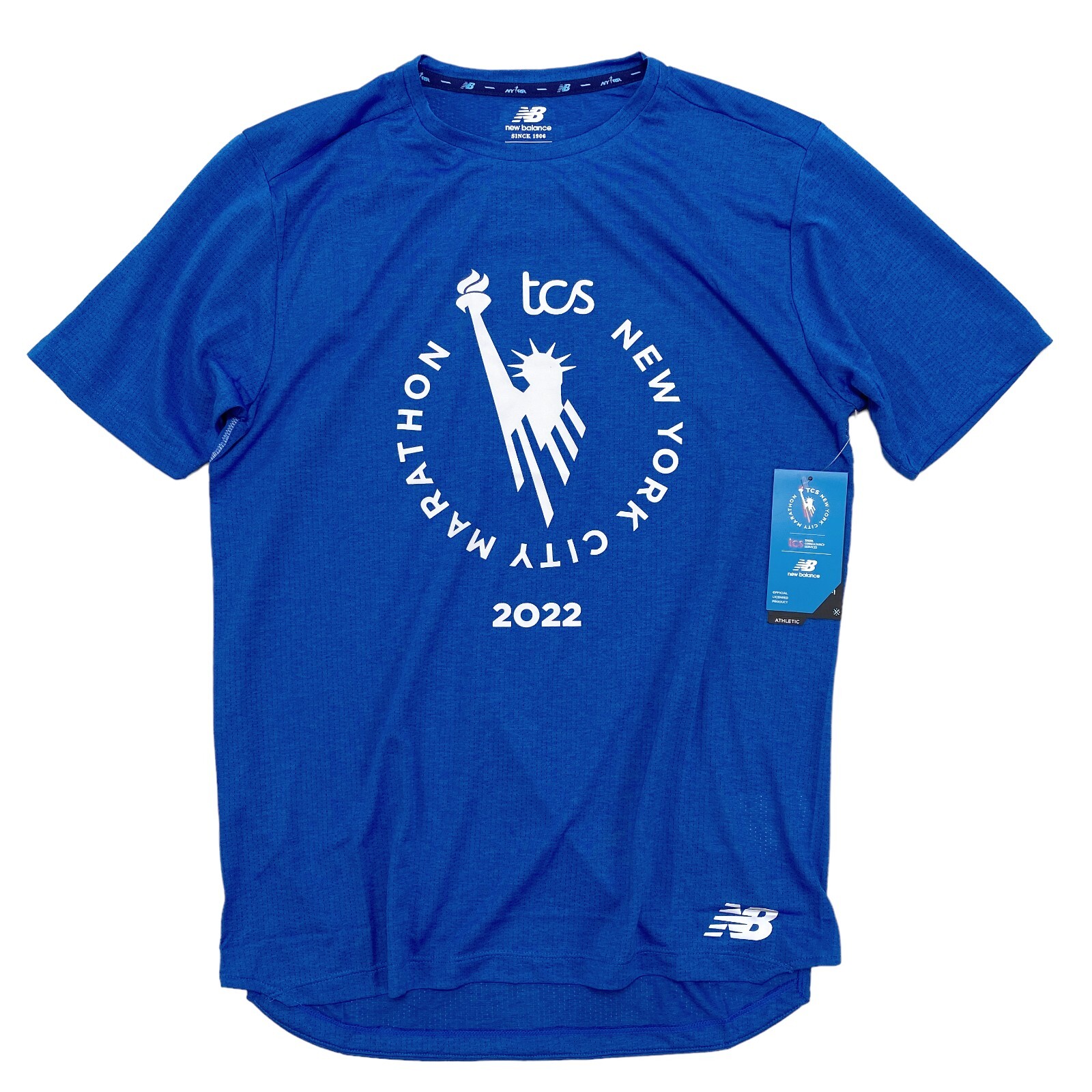 

Рубашка для бега с короткими рукавами New Balance 2022 NYC Marathon Impact (синяя), Синий, Balance 2022 NYC Marathon Impact
