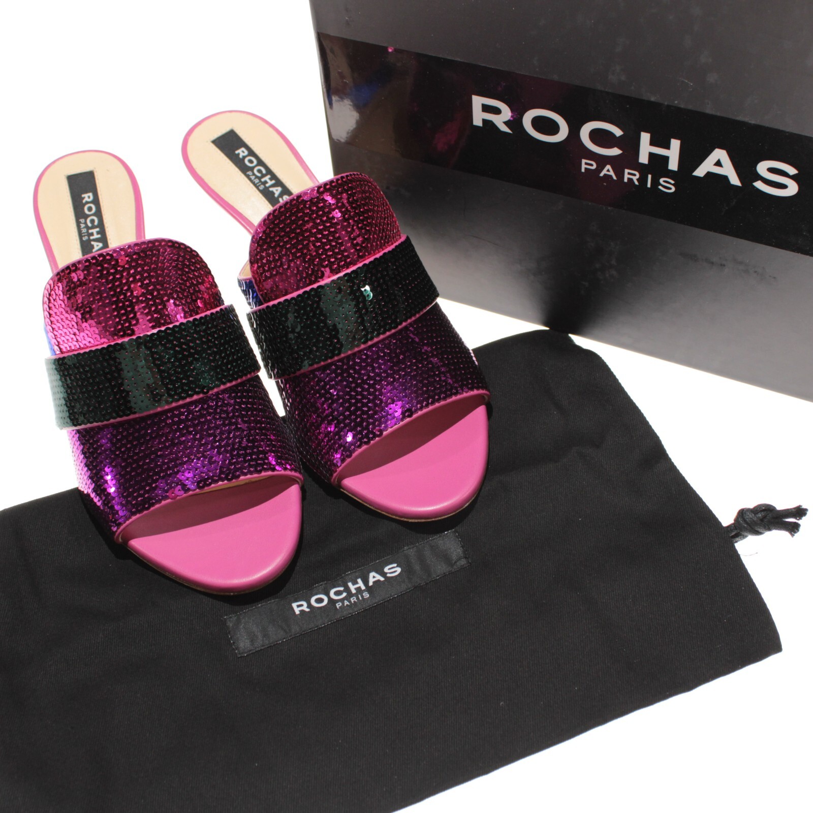 Rochas NWB Paillette Sequin Mule Sandals Size 37.5 US 7.5 in Pink