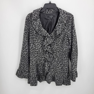 Sandro Studio Jacket Womens Medium Gray Black Leopard Ruffle Trim Belted Knit