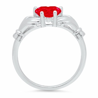 Pre-owned Pucci 1.55 Irish Celtic Claddagh Simulated Ruby Classic Designer Ring 14k White Gold