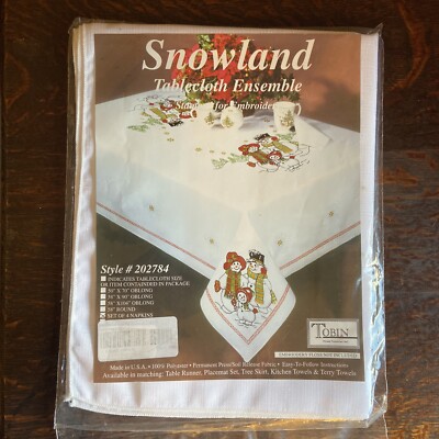 Tobin SNOWLAND Snow Family Stamped Set 4 Napkins Embroidery New!     EB16