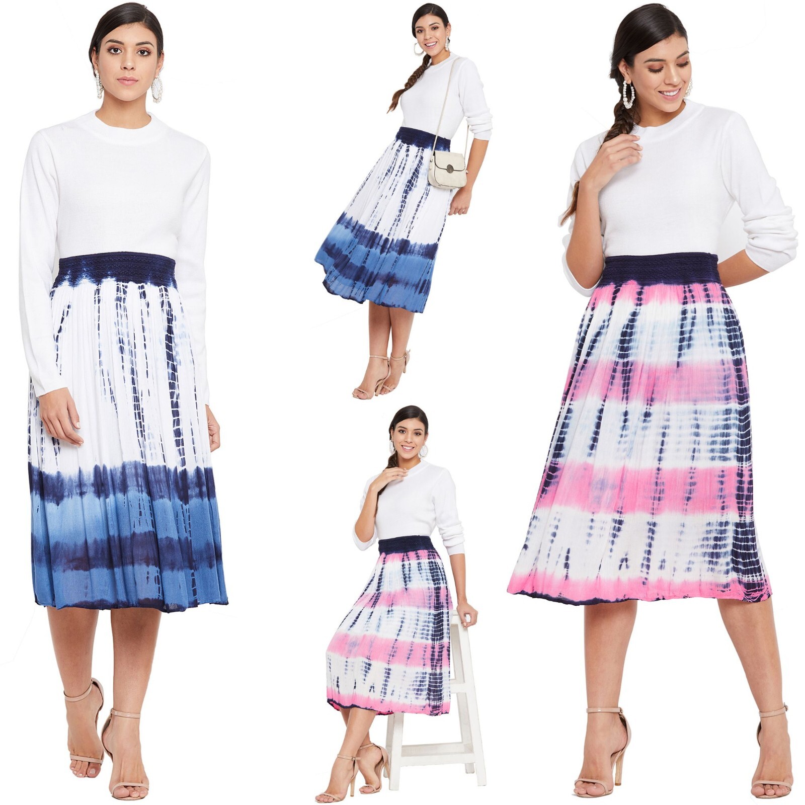 Oussum Women Casual Midi Skirt High Waist Pleated A-Line
