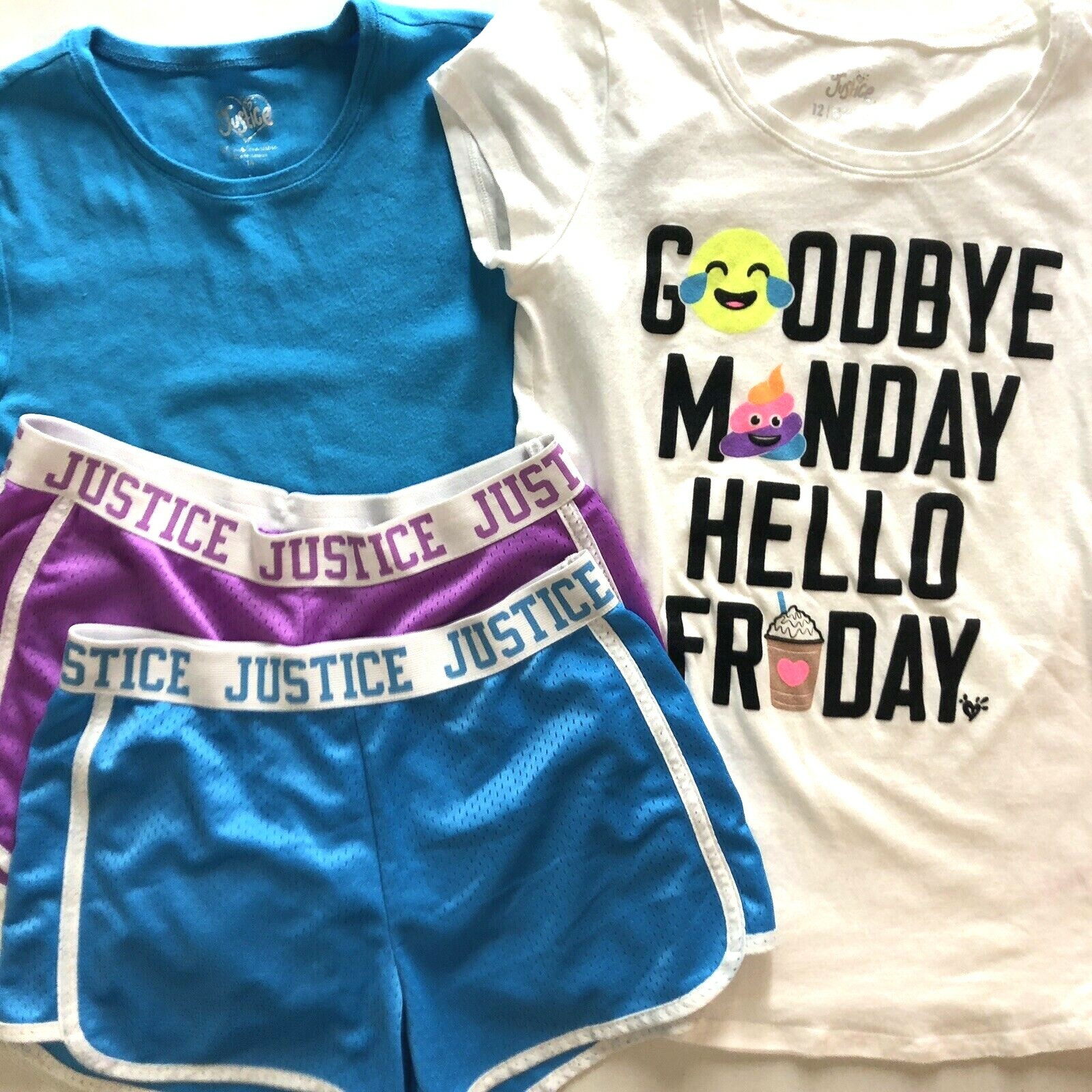 Justice Lot 4 Summer Mesh Shorts and T-Shirt Tops Purple, Blue Girls Size 12
