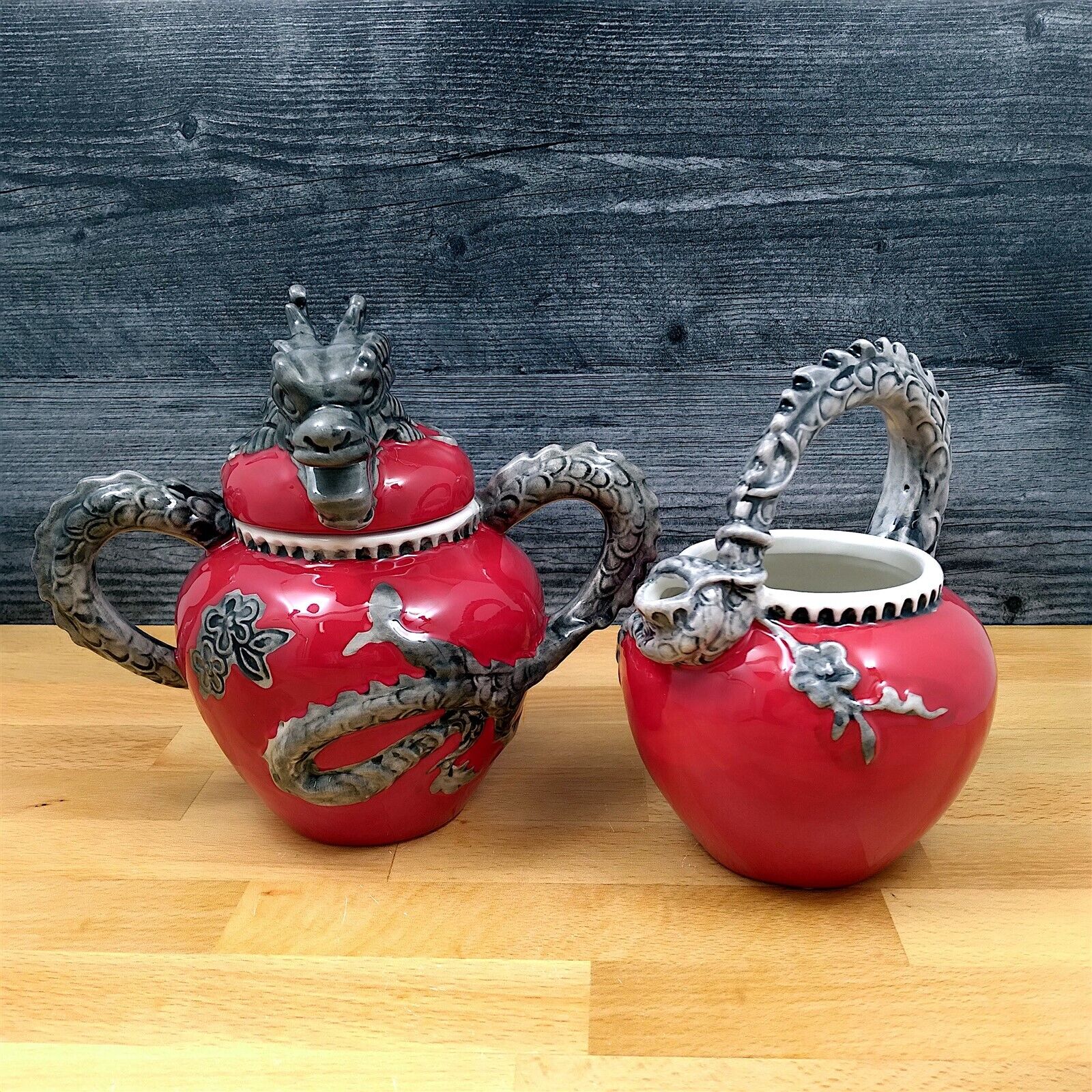 Red Dragon Sugar Bowl and Creamer Set Decorative by Blue Sky