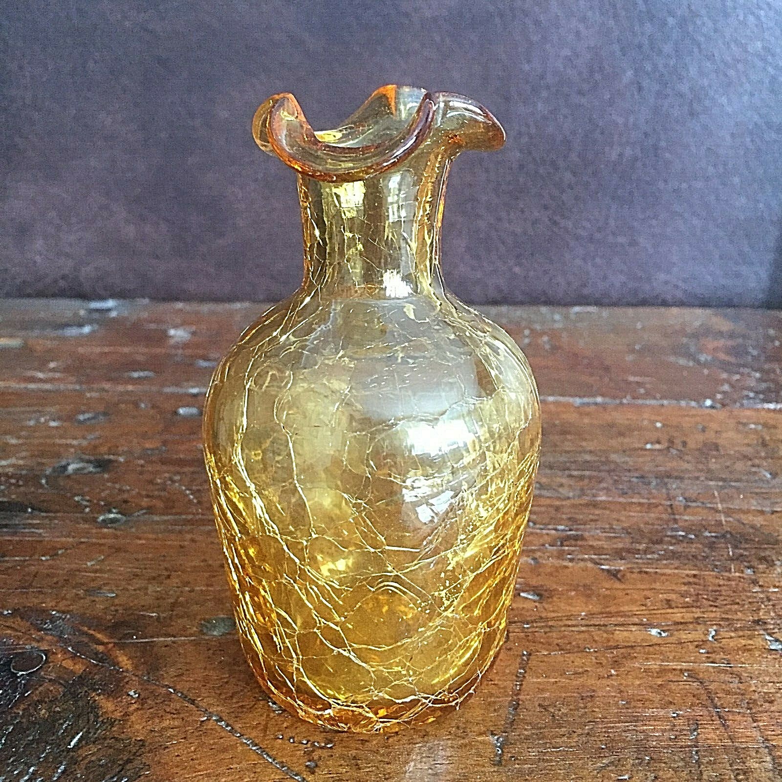Vintage Mid Century Retro Amber Crackle Glass Vase 5
