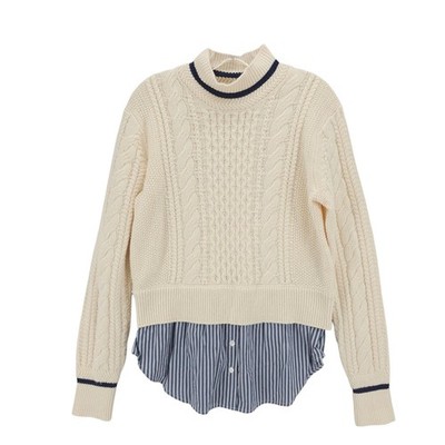 VERONICA BEARD Fritz Mixed Media Sweater Layered Shirt Cable Knit Ivory MEDIUM