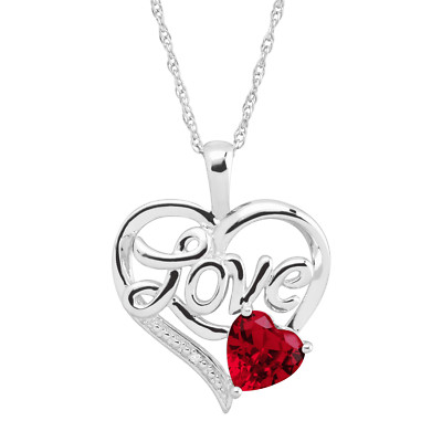 Finecraft Created Ruby Love Heart Pendant with Diamond in Sterling Silver, 18''