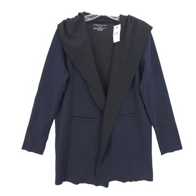 NEW MAJESTIC FILATURES Blue Black Merino Wool Cotton Open Hooded Cardigan Size 2
