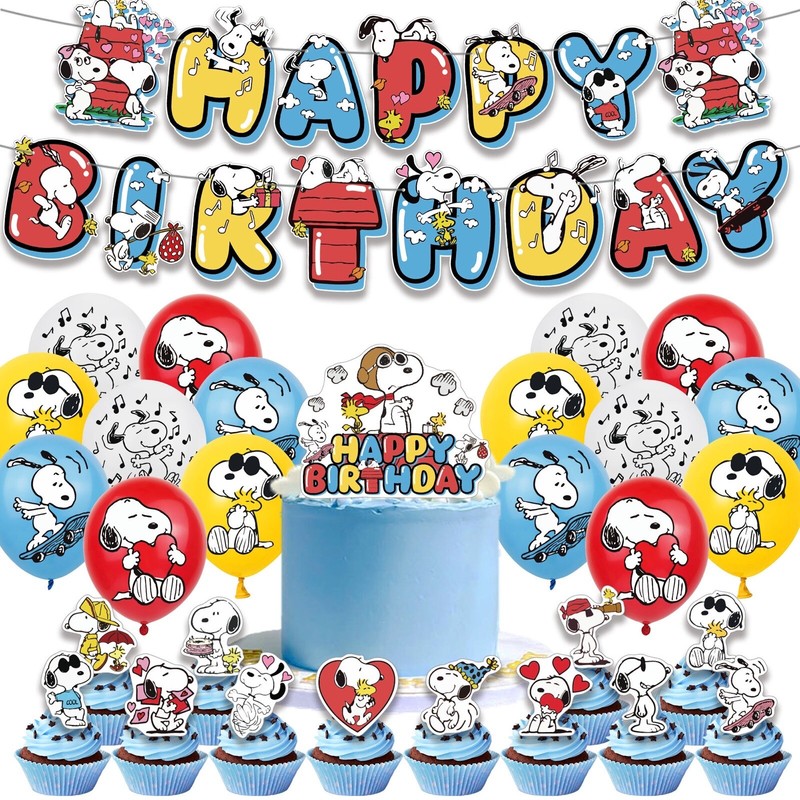Snoopy Theme Birthday Party Supplies Set Balloon Banner Cake Toppers