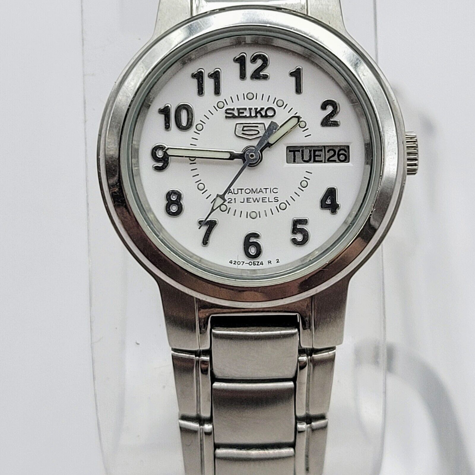 Seiko 5 4207-05z4 Automatic 21 Jewel Silver Tone White Dial Ladies 24mm Watch Seiko 5 4207-05z4 Automatic 21 Jewel Silver Tone White Dial Ladies 24mm Watch