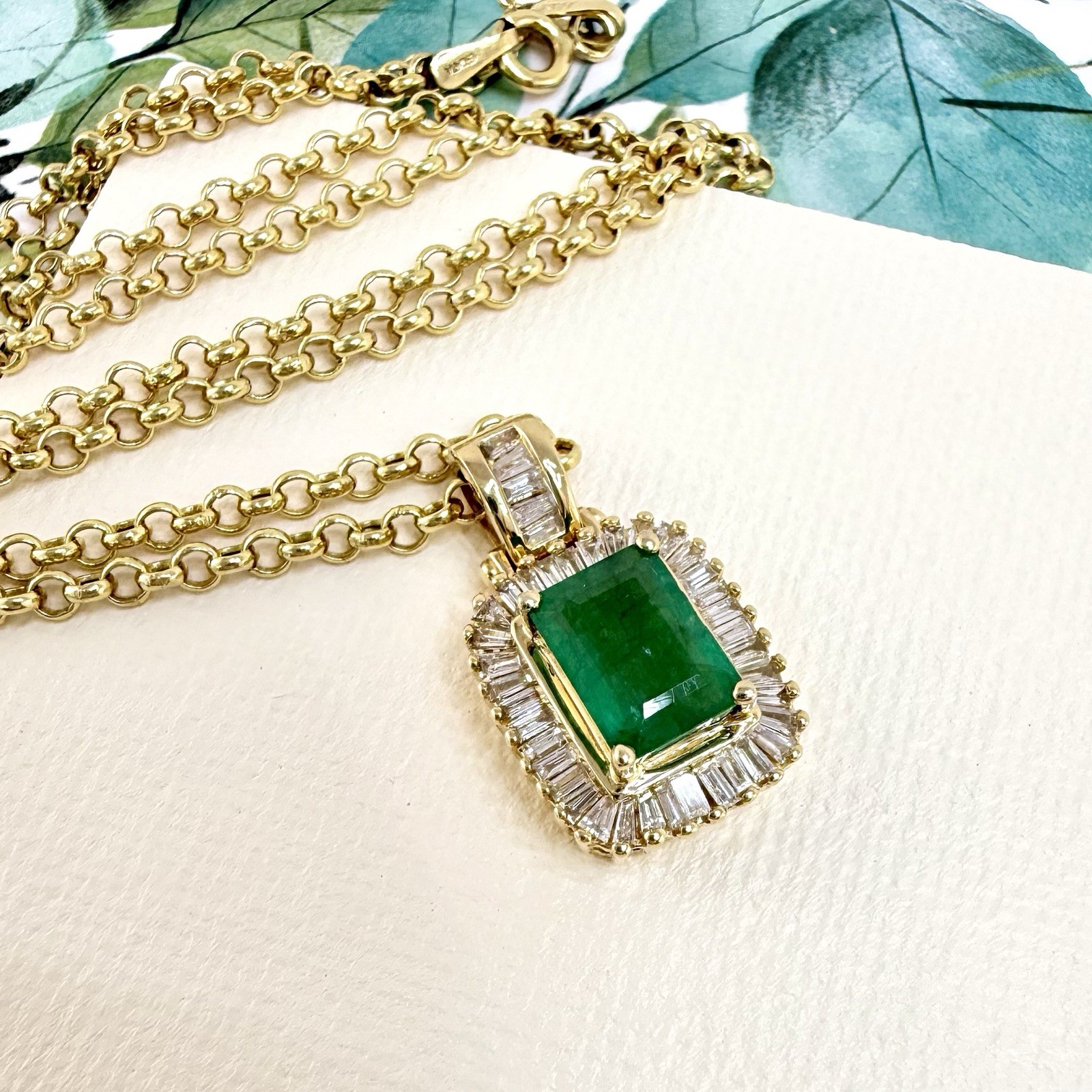 14k Yellow Gold Genuine Emerald & Diamond Pendant, Preowned - Picture 4 of 8