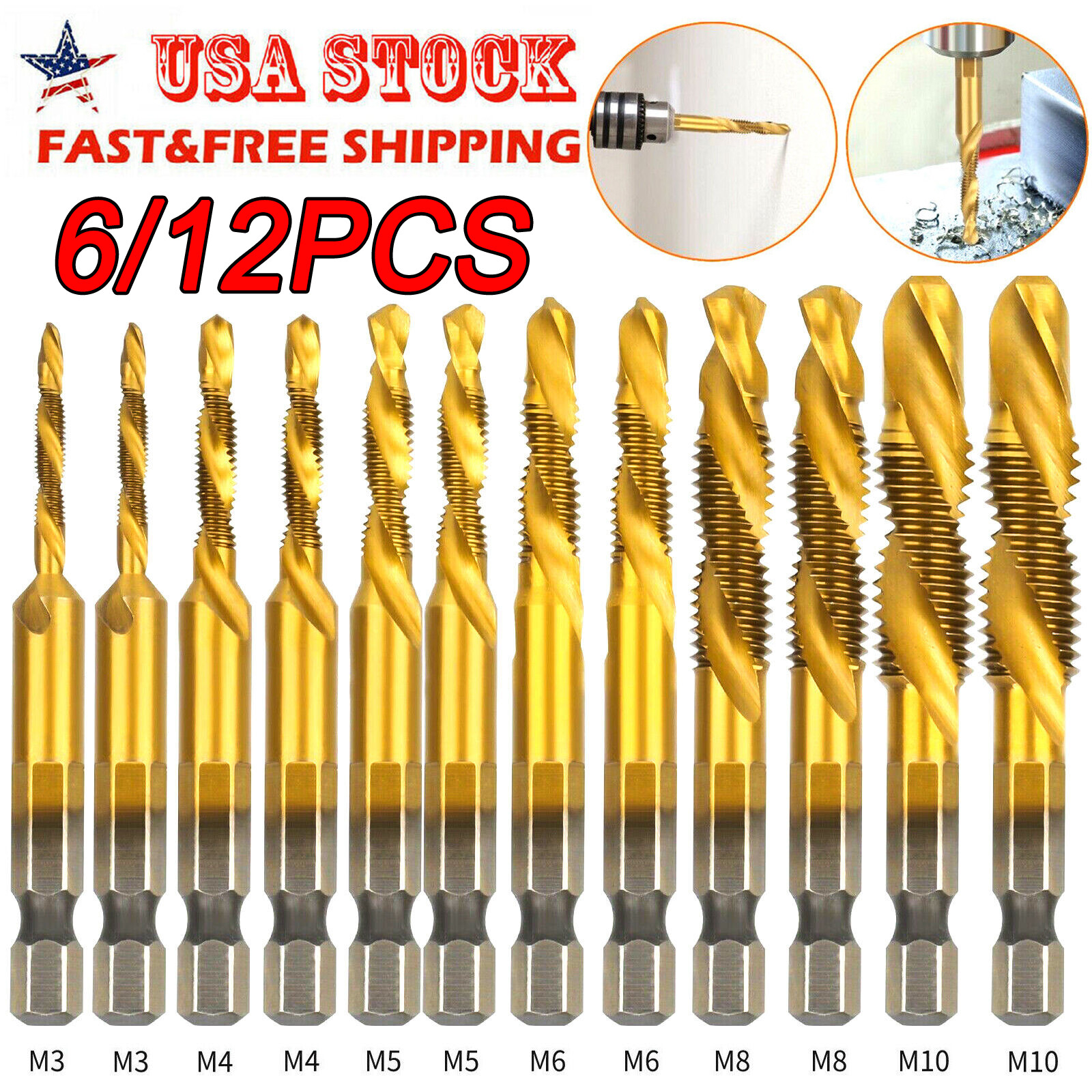 12Pcs 1/4in Hex Shank HSS Screw Thread Countersink Tap Drill Bit Combination Set