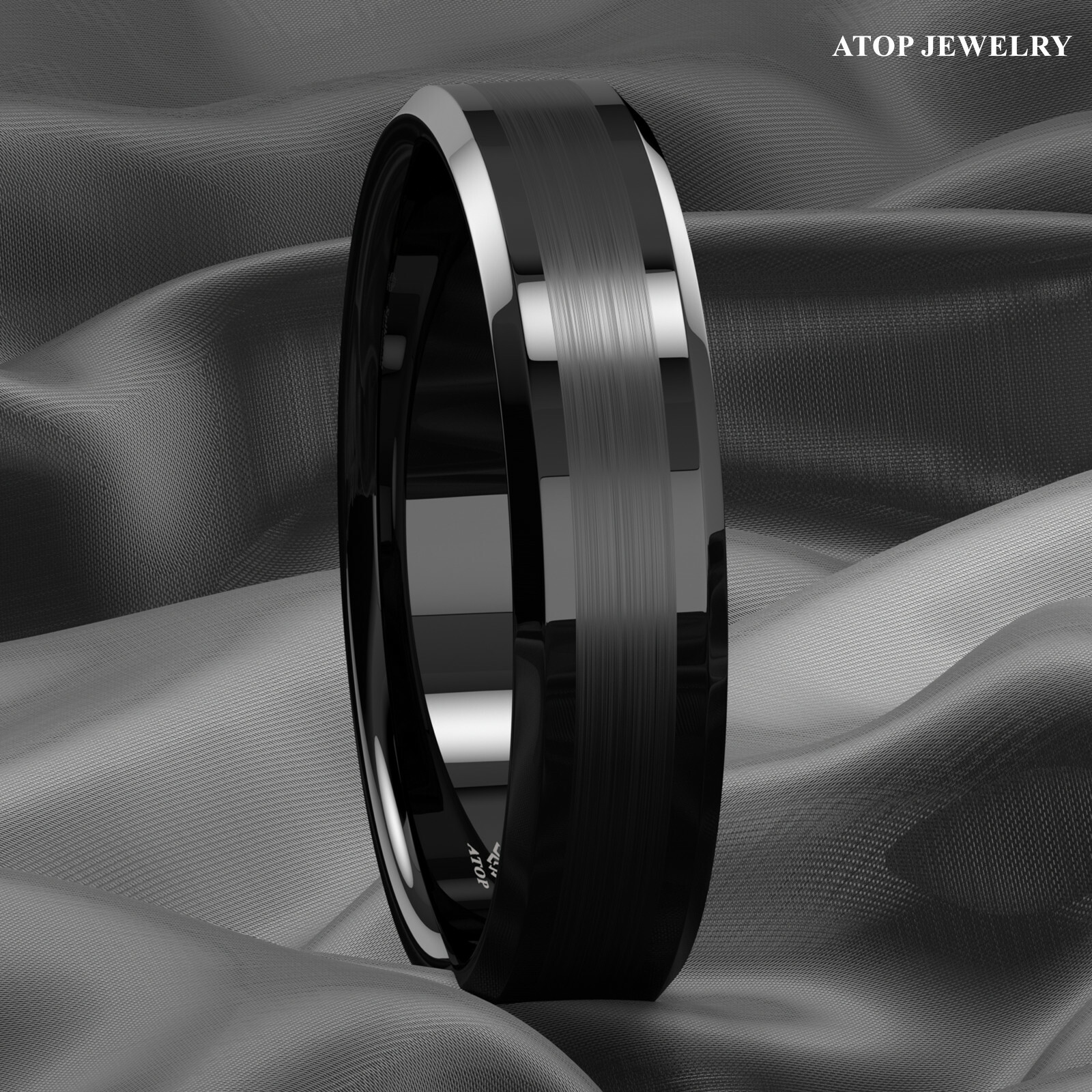 8/6mm ATOP Brushed Center Black Tungsten Carbide Ring Wedding Band Mens Jewelry