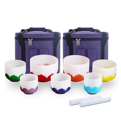 6''-12'' Lotus432Hz Set 7pcs Frosted Quartz Crystal Singing Bowl Healing With Case