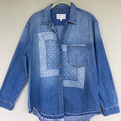 Current Elliott Denim Shirt Shaket Size 1 S Bandana Print Button Up Frayed Hem