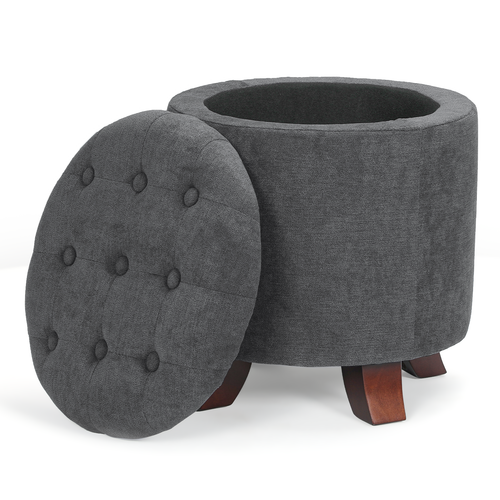 17" Dark Gray Lift Top Storage Ottoman Round Modern Tufted Footstool Wooden Legs