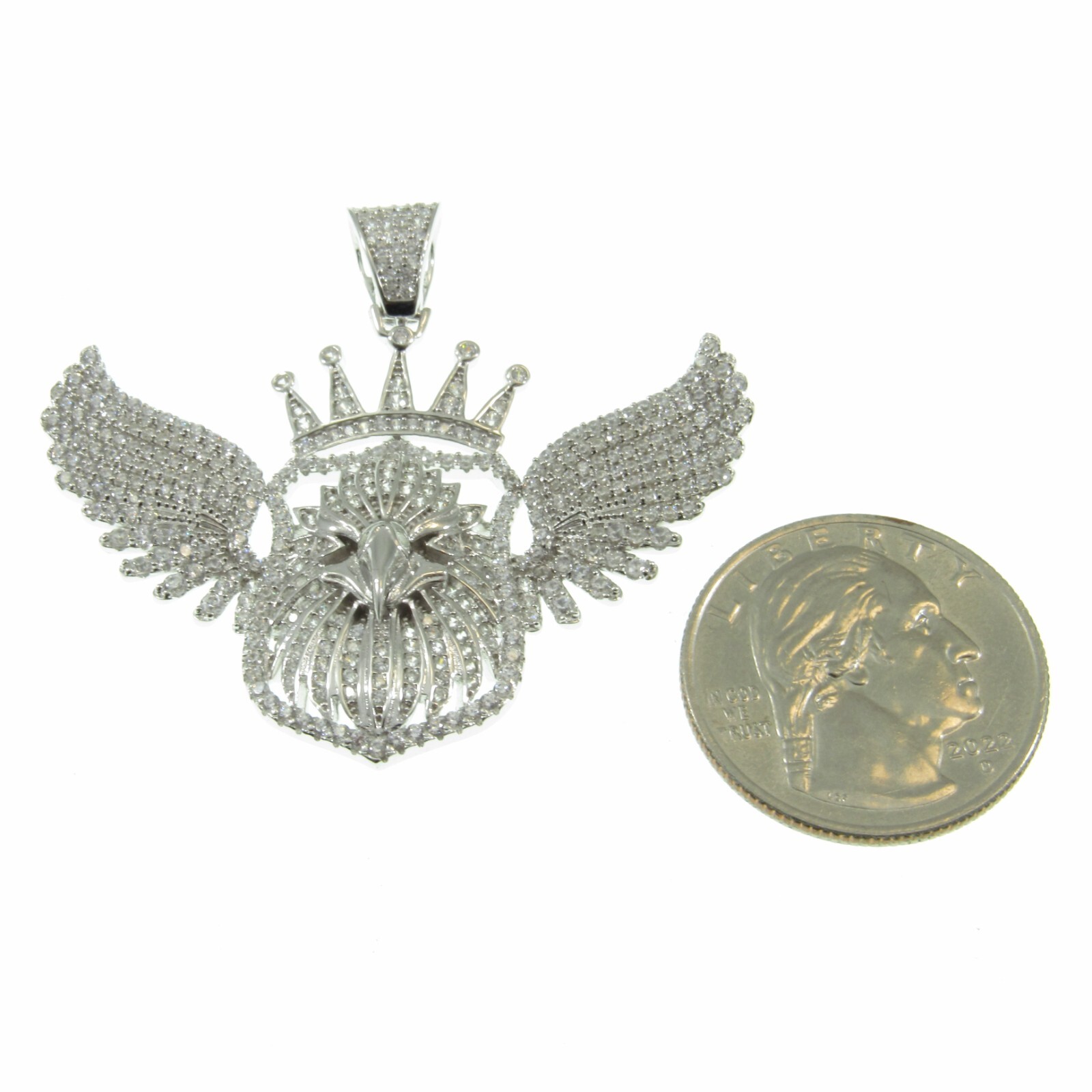 Solid 925 Sterling Silver Iced Out Rhodium Plated  Crowned Eagle Pendant w/CZs