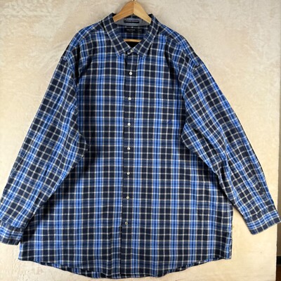 Nautica Men Size 4XLT Tall Blue Checked Cotton Long Sleeve Casual Shirt