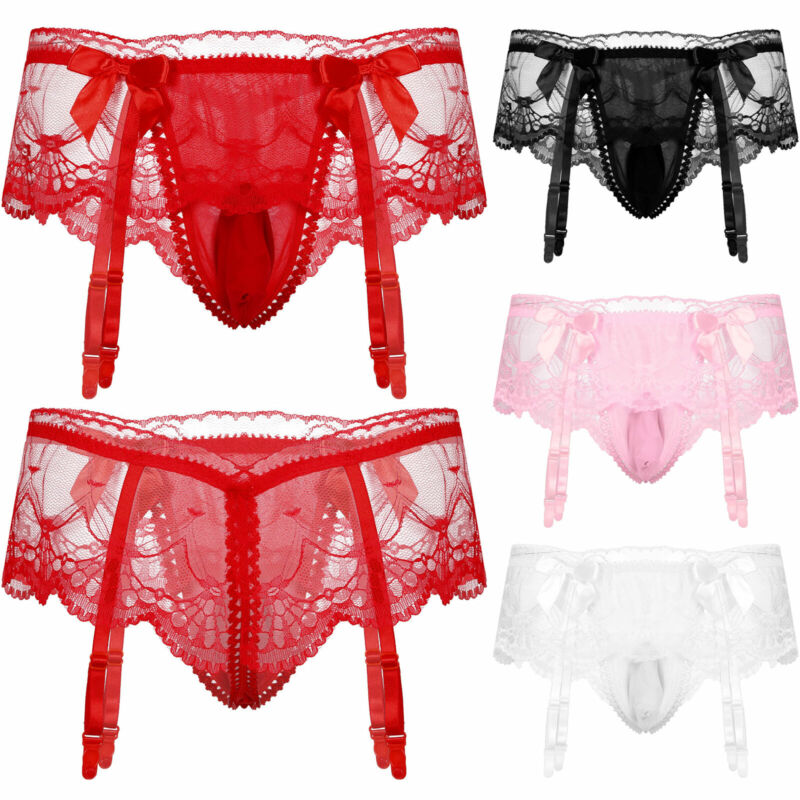 Mens Sissy Pouch Panties Silky See Through Lace Bikini Briefs G-string Underwear