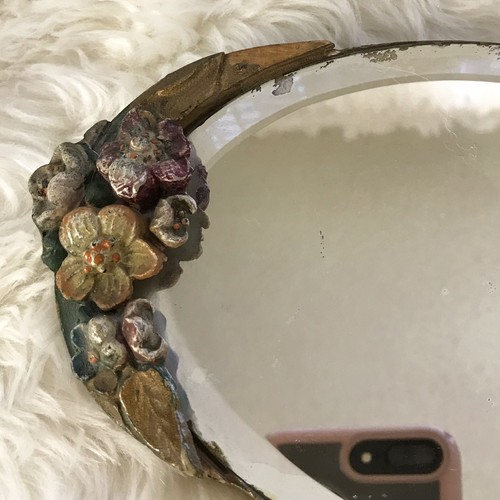 Antique Barbola Oval Beveled Mirror Gesso Flowers Table Top c.1930s Yellow FLRS