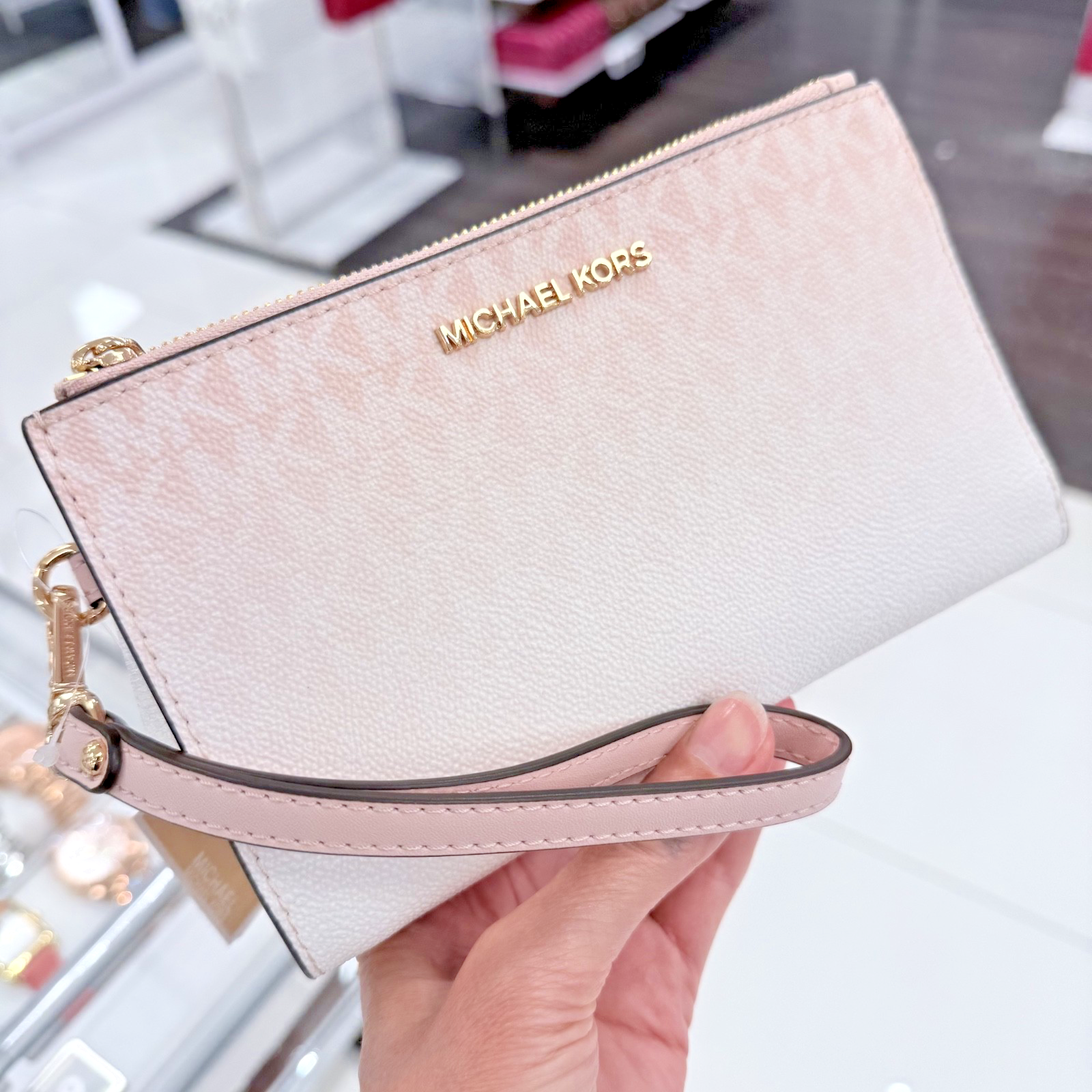 ☆新品タグ付き☆MICHAEL KORS ケース ホワイト/ピンク MICHAEL KORS JET SET TRAVEL DOUBLE ZIP WRISTLET WALLET MK LOGO