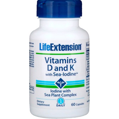 Life Extension, (2 упаковки) витаминов D и K с морским йодом, 60 капсул