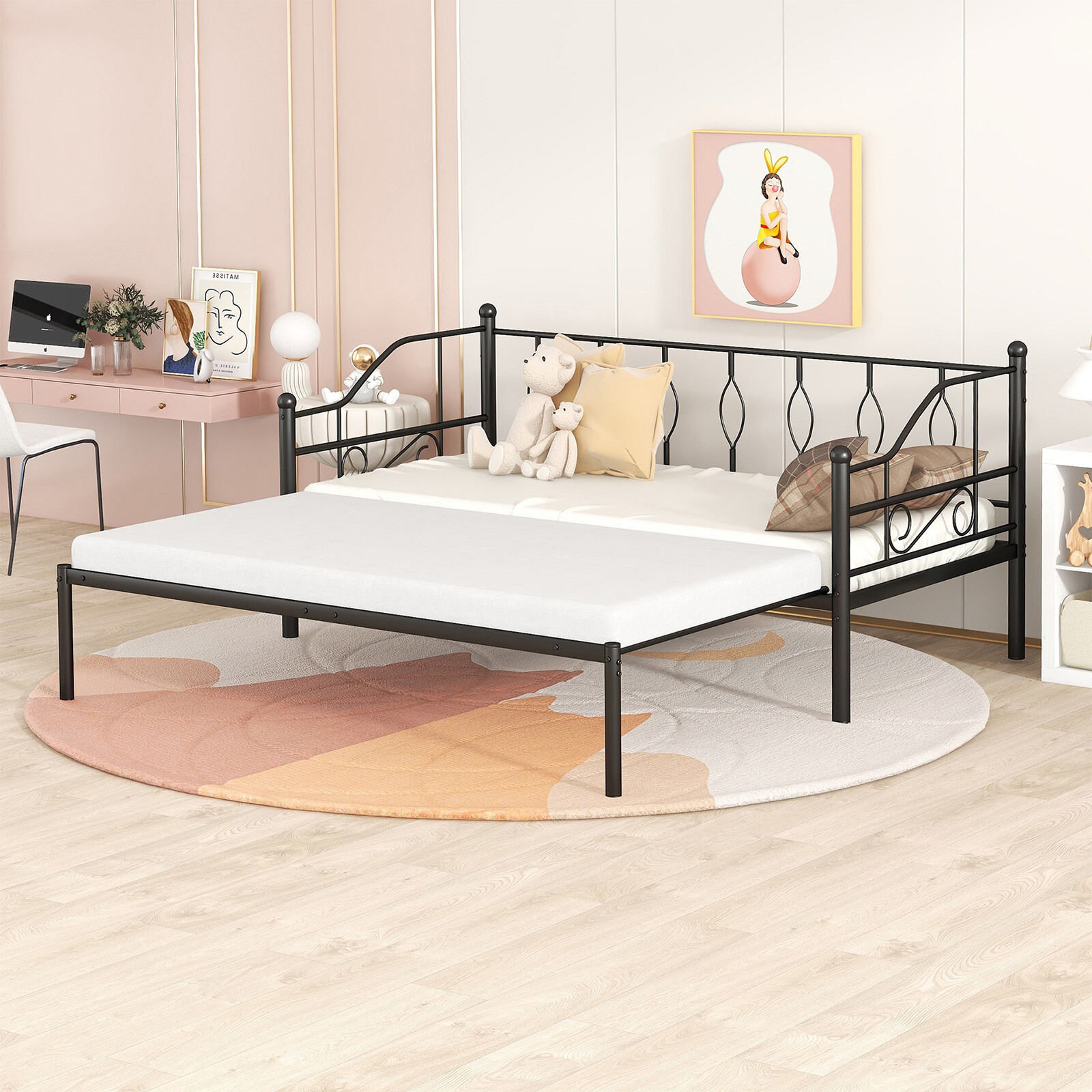 Sofa Bed Daybed With Trundle & Slat Expandable Design Bed