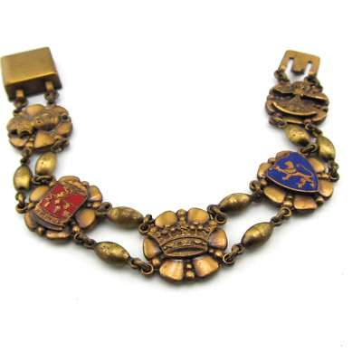 Vintage Heraldic Bracelet Crown Rampant Lion Suit of Armor Shield 7.25''